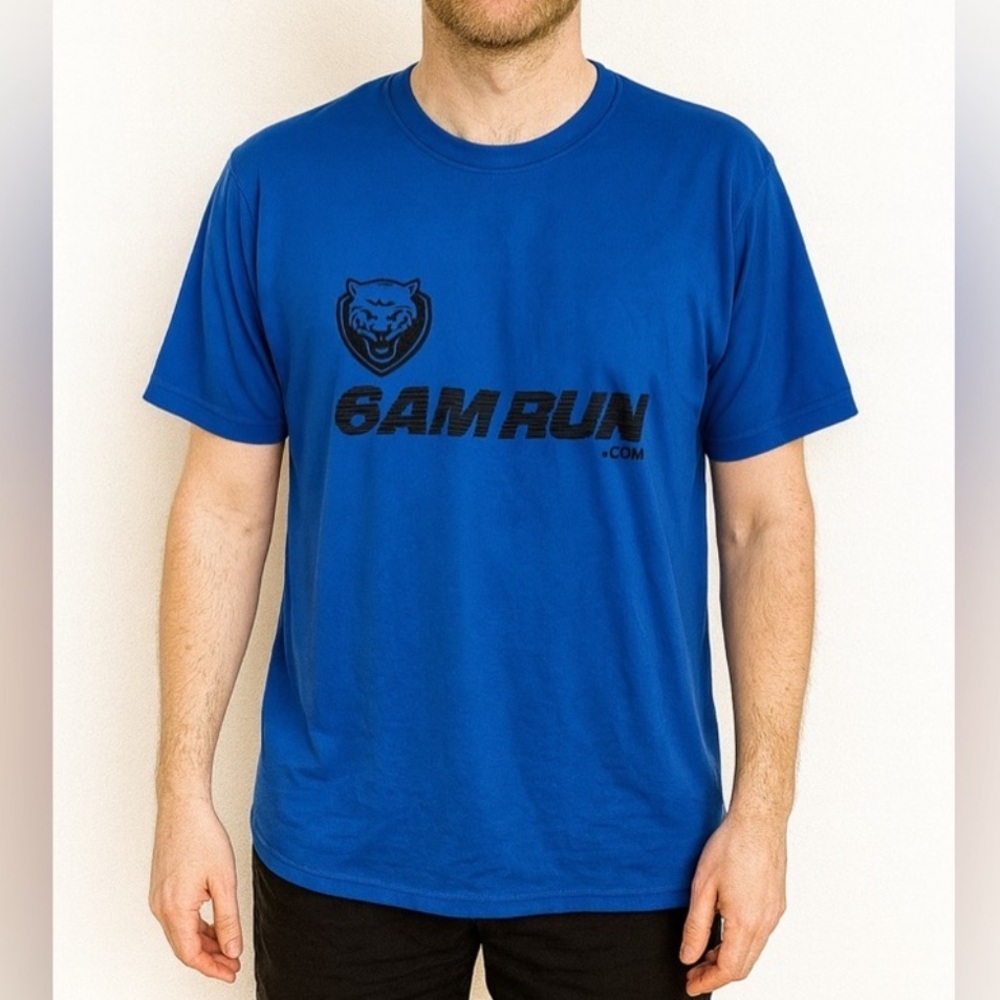 6AM Run Blue Graphic T-Shirt Men’s XL –‎ Panther Logo, 100% Polyester, Jerzees